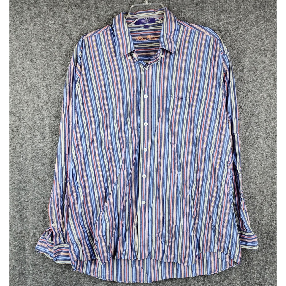Alan Flusser Button Down Shirt Mens XL Multi Color Striped Cotton Long Sleeve